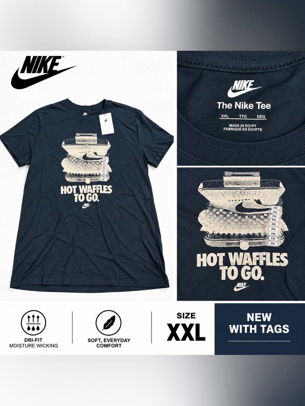 Nike Men's Navy Graphic 'Hot Waffles To Go' Short Sleeve Tee xxl